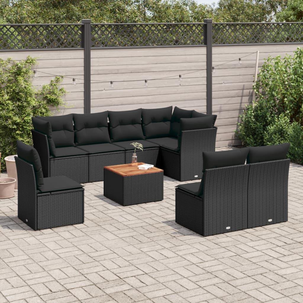 Sofasæt til haven i polyrattan - 9 dele med hynder, sort