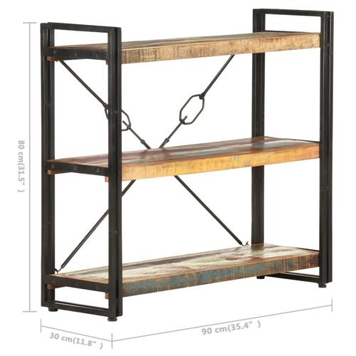 Bogreol m. 3 hylder 90x30x80 cm massivt genbrugstræ