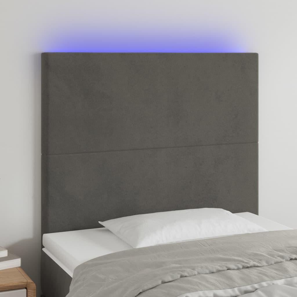 Sengegavl med LED-lys 100x5x118/128 cm fløjl mørkegrå billede