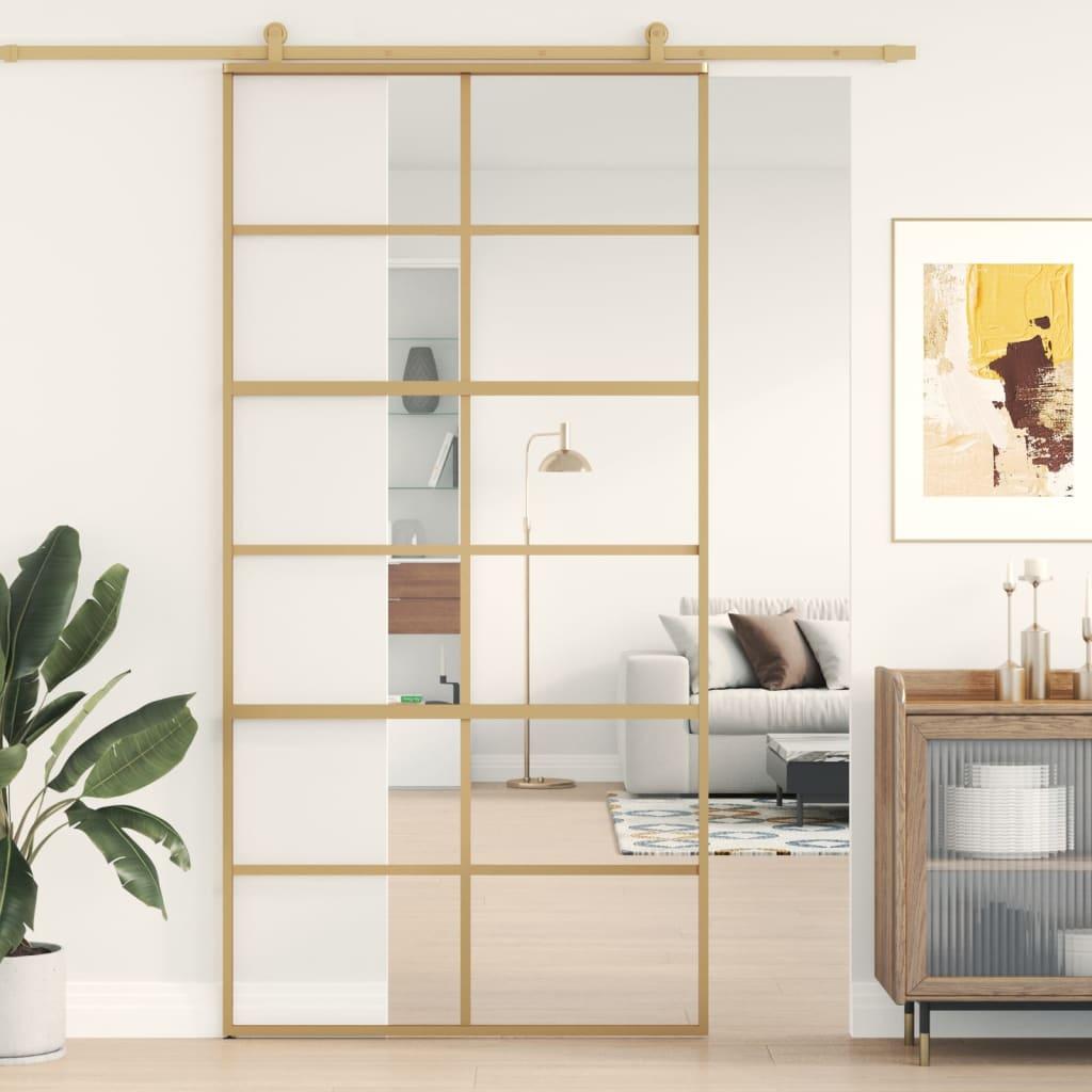 Skydedør 102,5x205 cm klart sikkerhedsglas og aluminium gylden