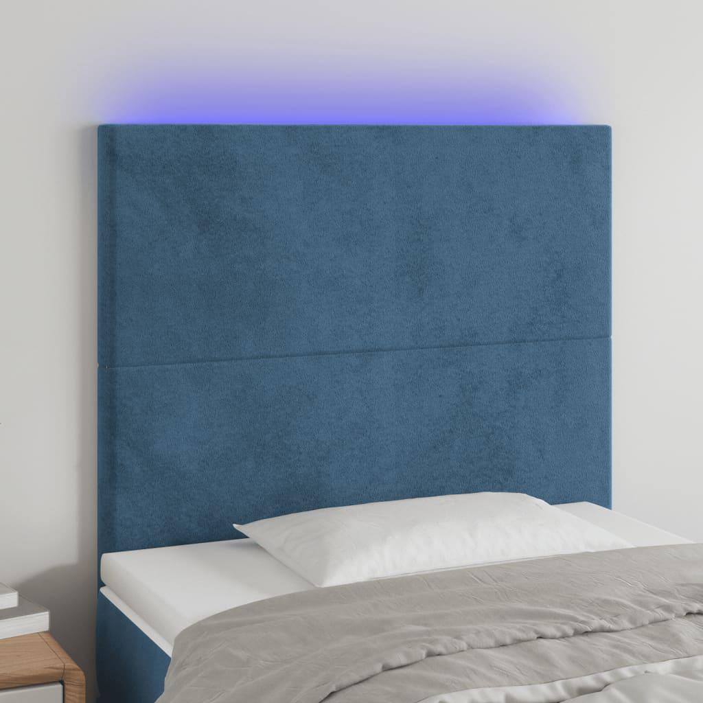 Sengegavl med LED-lys 100x5x118/128 cm fløjl mørkeblå billede
