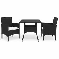 Spisebordssæt til haven 3 dele polyrattan og hærdet glas sort