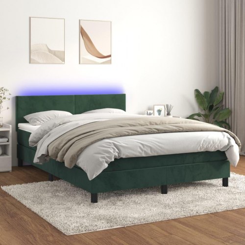 Kontinentalseng med madras og LED-lys 140×190 cm - fløjl, mørkegrøn