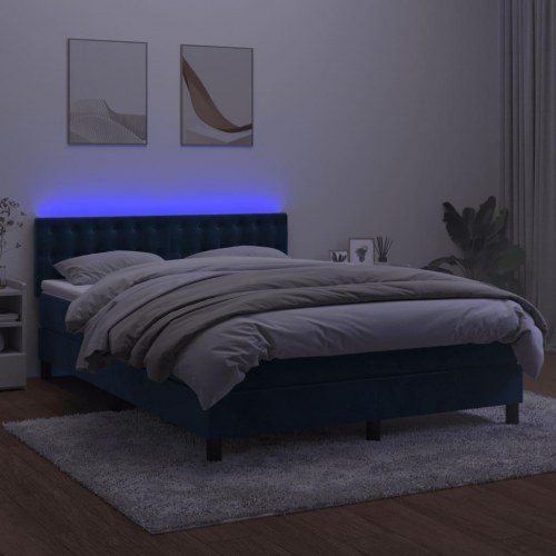 Kontinentalseng med madras og LED-lys 140x190 cm - fløjl, mørkeblå