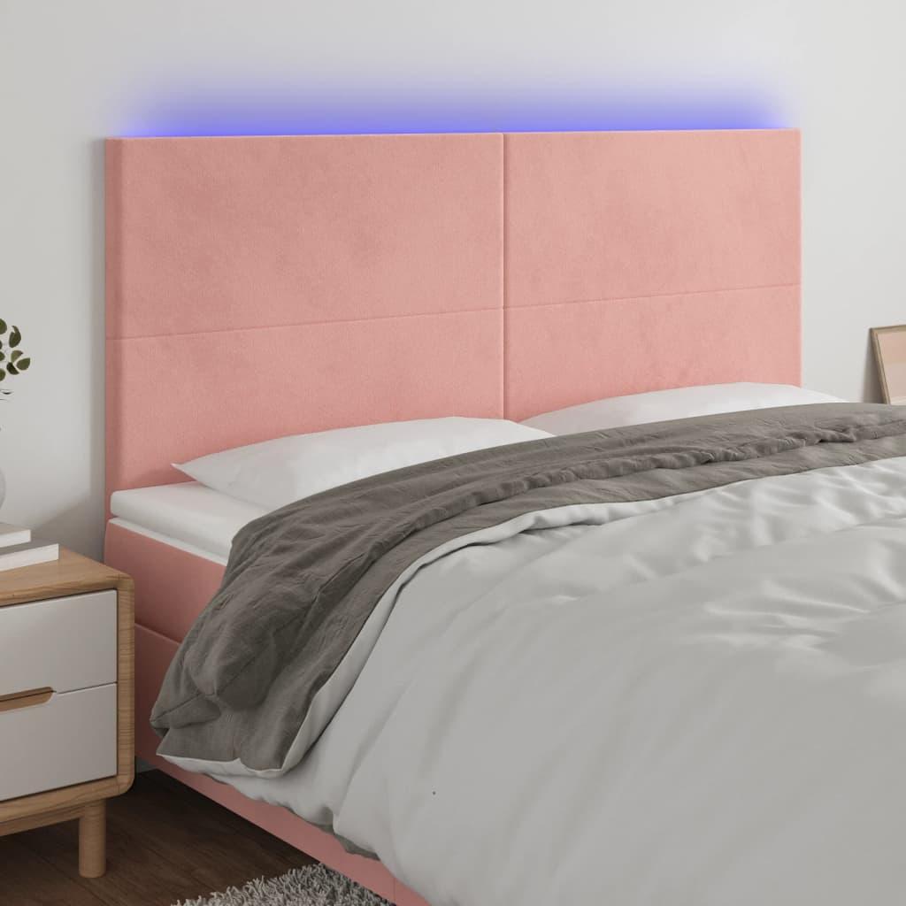 Sengegavl med LED-lys 160x5x118/128 cm fløjl lyserød billede