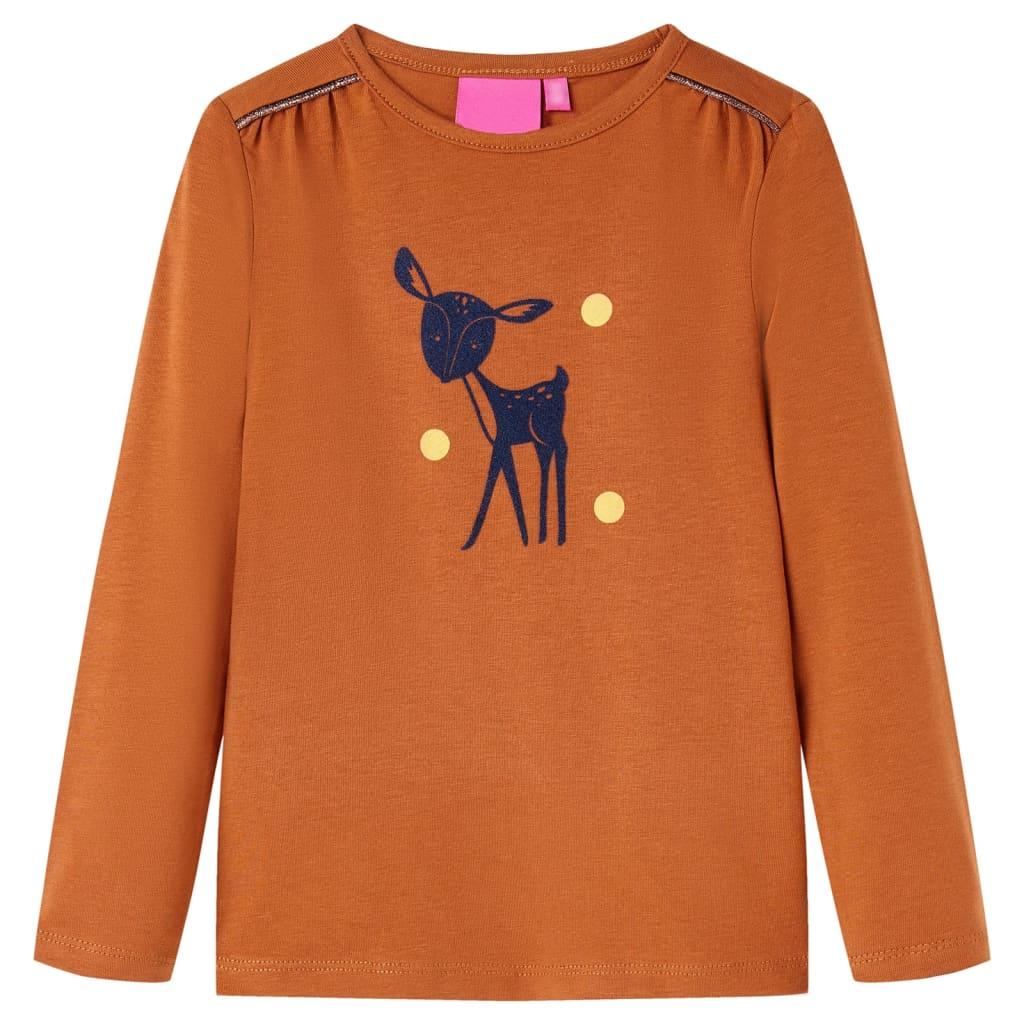 Langærmet T-shirt til børn str. 104 - cognacfarvet med rådyrmotiv billede