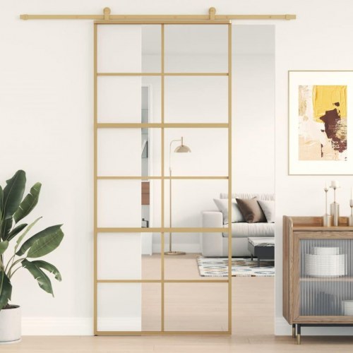Skydedør 90×205 cm - klart sikkerhedsglas og aluminium, guldfarvet