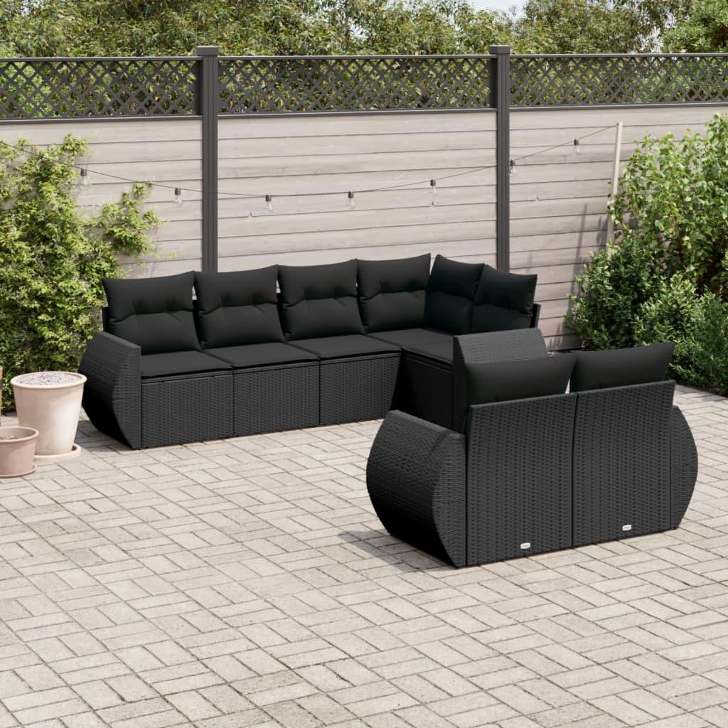 Sofasæt til haven i polyrattan - 7 dele med hynder, sort