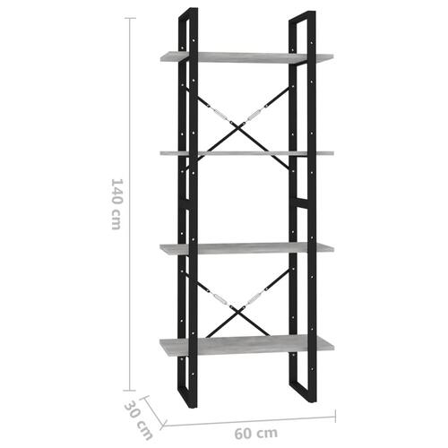 Bogreol med 4 hylder 60x30x140 cm konstrueret træ betongrå