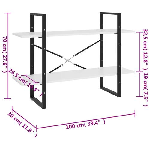 Bogreol med 2 hylder 100x30x70 cm konstrueret træ hvid