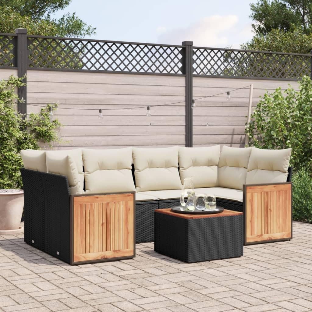 Sofasæt til haven, 7 dele med hynder - polyrattan, sort