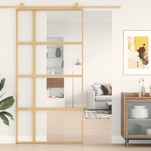 Skydedør 102,5x205 cm klart sikkerhedsglas og aluminium gylden
