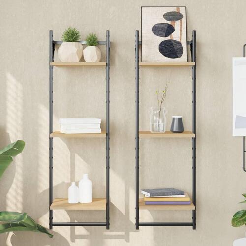 Væghylder 2 stk. med stænger og 3 hylder 30x25x100 cm sonoma-eg