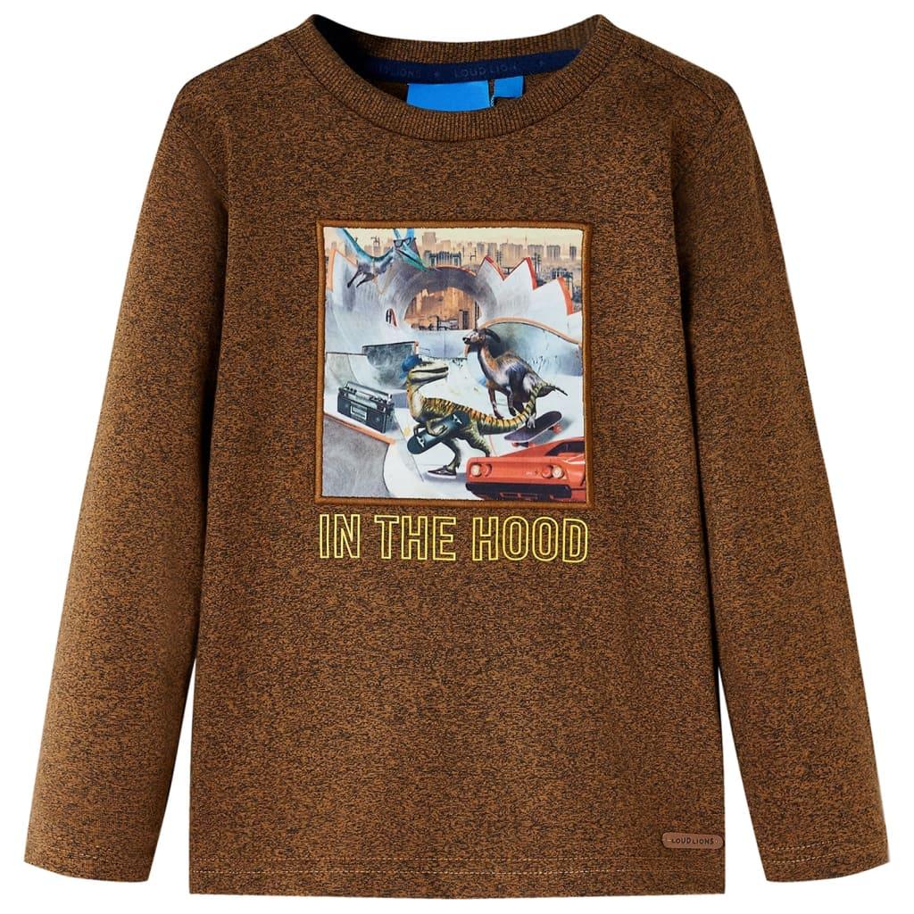 Langærmet T-shirt til børn str. 104 - cognacmeleret med dinosaurprint