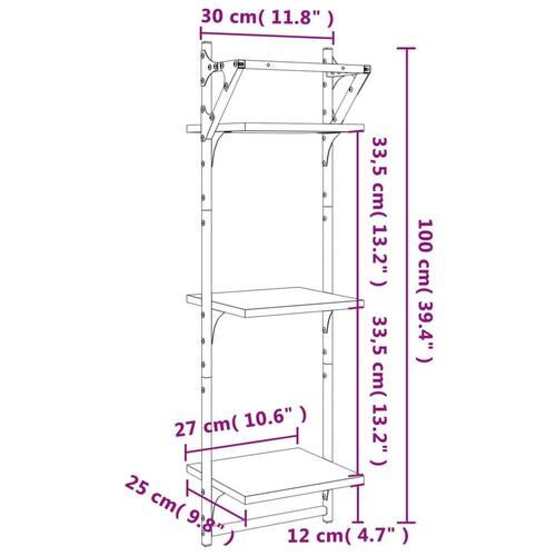Væghylder 2 stk. med stænger og 3 hylder 30x25x100 cm sonoma-eg