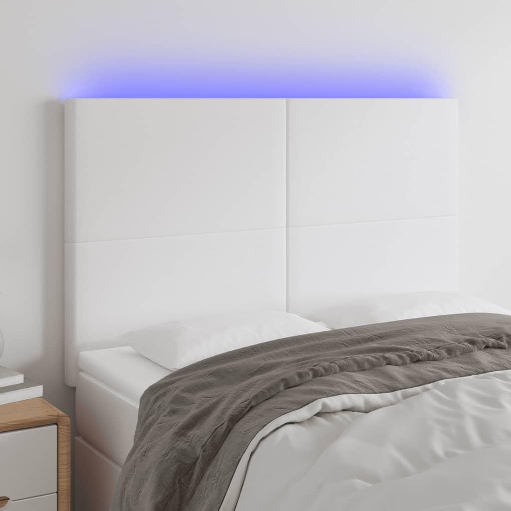 Sengegavl med LED-lys 144x5x118/128 cm kunstlæder hvid