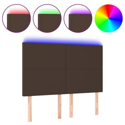 Sengegavl med LED-lys 144x5x118/128 cm kunstlæder brun