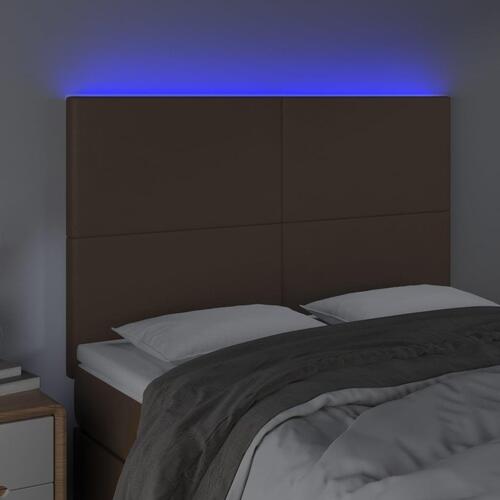 Sengegavl med LED-lys 144x5x118/128 cm kunstlæder brun