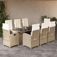 Spisebordssæt til haven 9 dele med hynder polyrattan beige