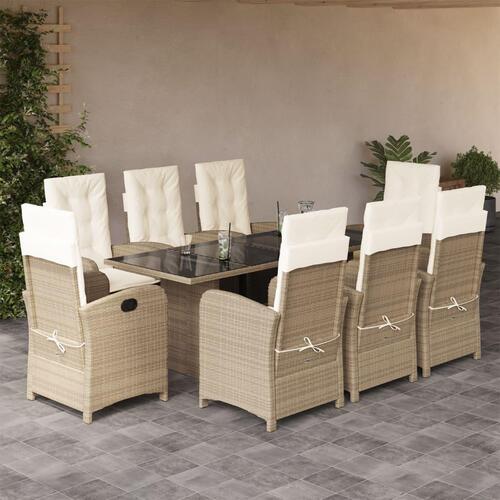 Spisebordssæt til haven 9 dele med hynder polyrattan beige