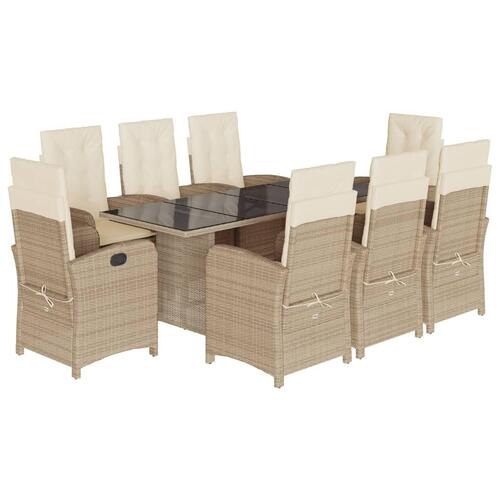 Spisebordssæt til haven 9 dele med hynder polyrattan beige