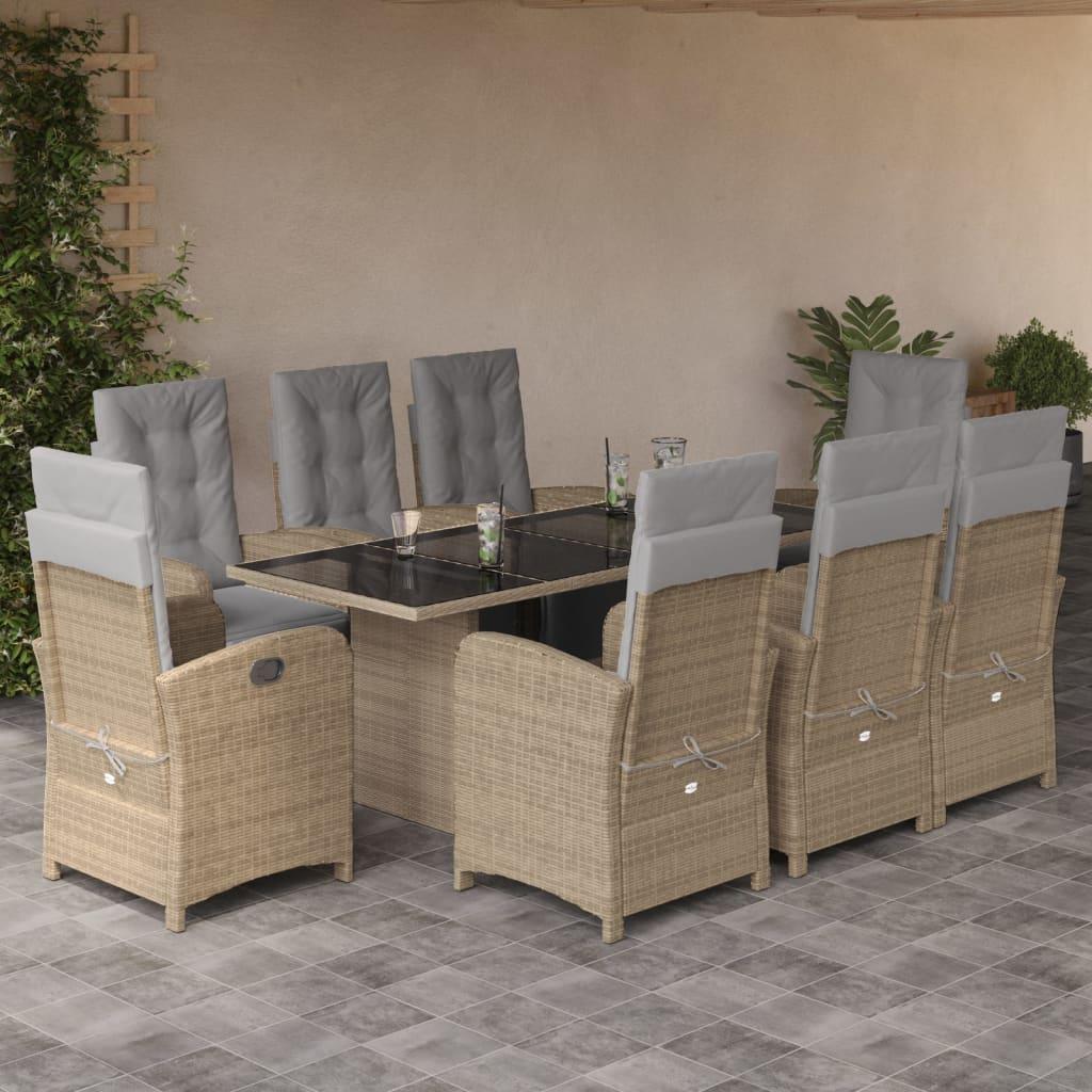 Spisebordssæt til haven 9 dele med hynder polyrattan beige