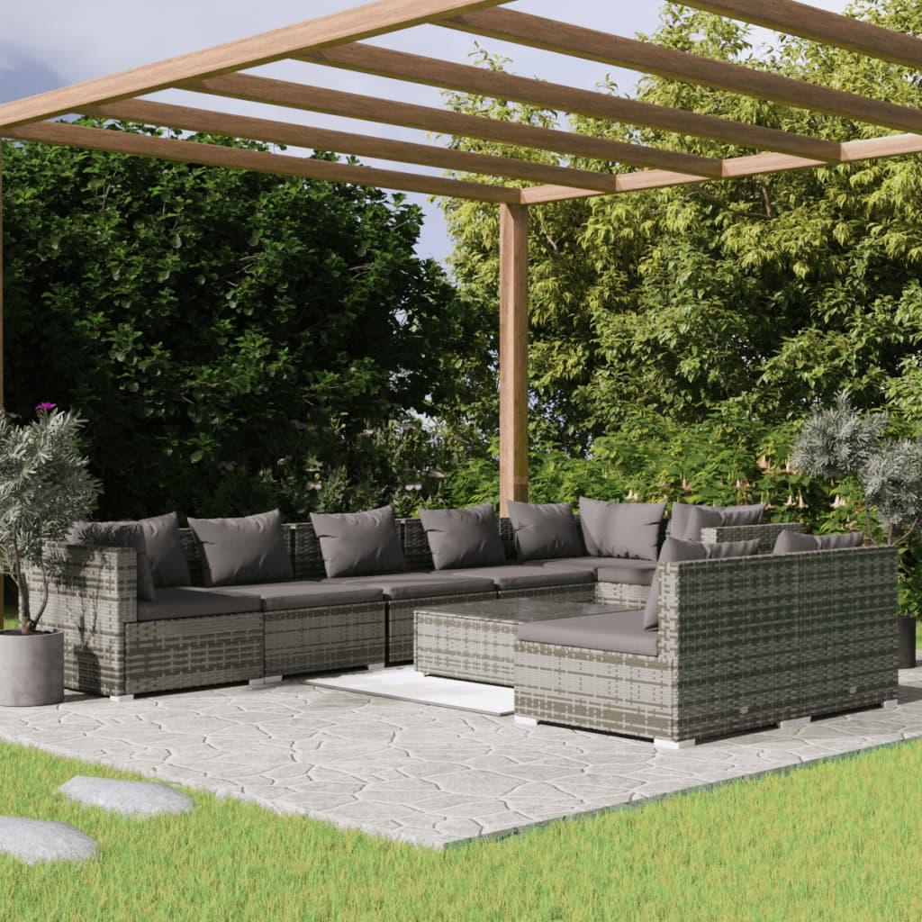 Loungesæt til haven 9 dele med hynder polyrattan grå