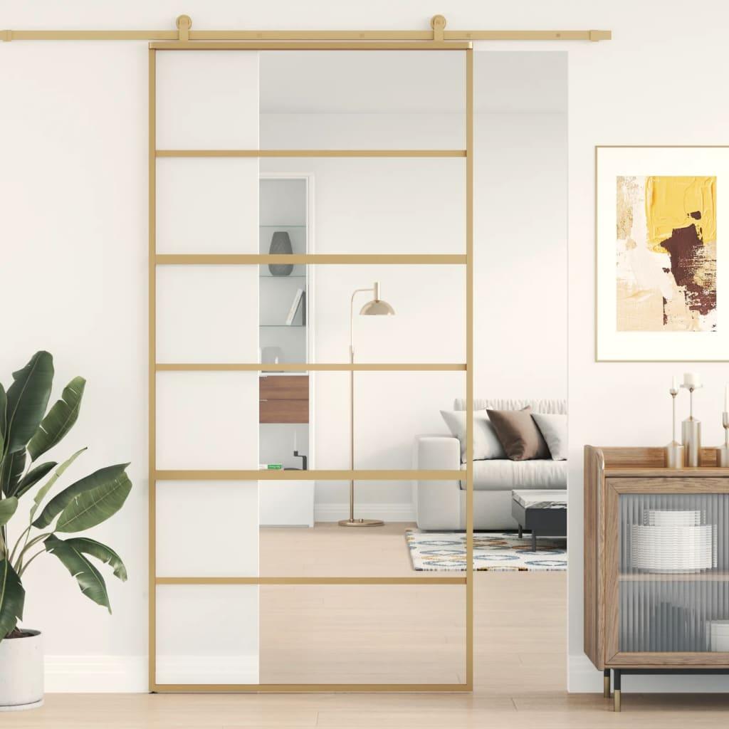 Skydedør 102,5x205 cm klart sikkerhedsglas og aluminium gylden