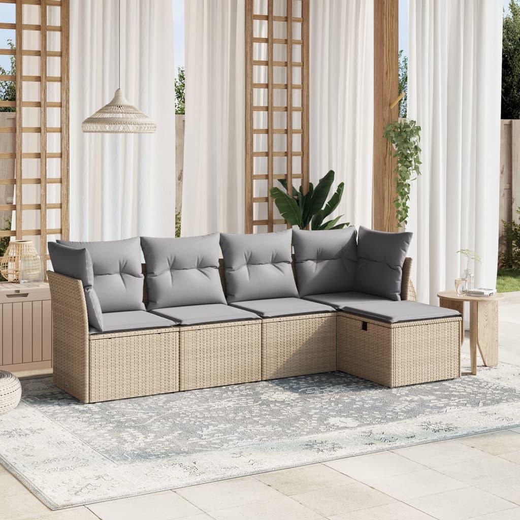 Havesofasæt 5 dele med hynder polyrattan beige