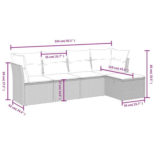 Havesofasæt 5 dele med hynder polyrattan beige