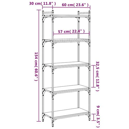 Bogreol 5 hylder 60x30x154 cm konstrueret træ røget eg