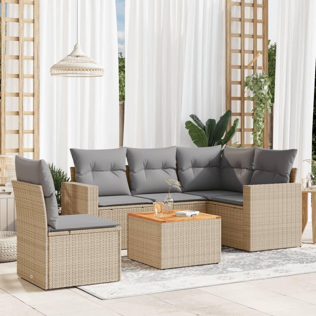 Havesofasæt 6 dele med hynder polyrattan beige
