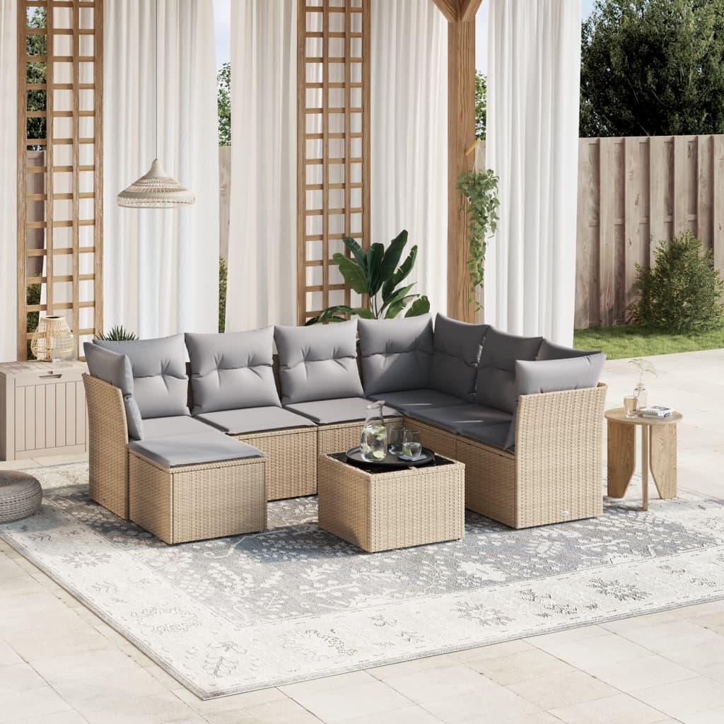 Havesofasæt 8 dele med hynder polyrattan beige