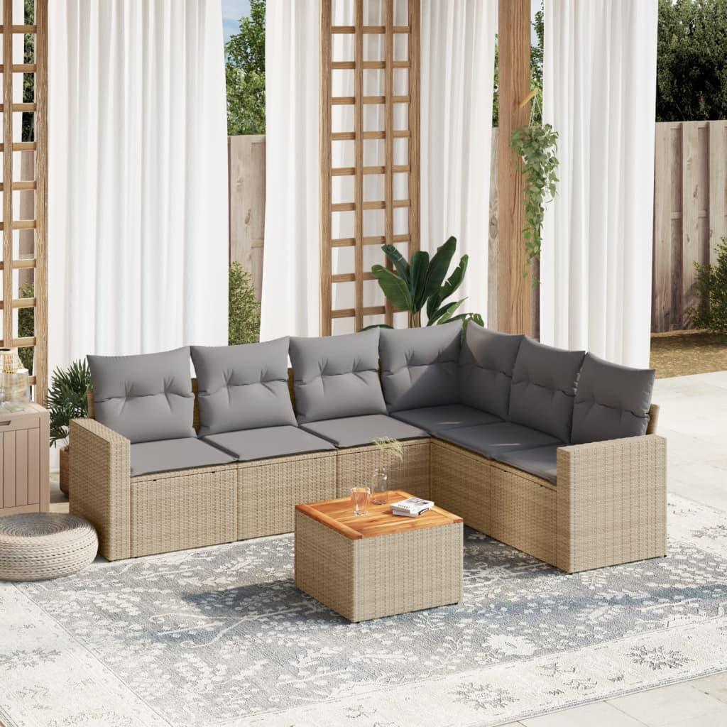 Havesofasæt 7 dele med hynder polyrattan beige