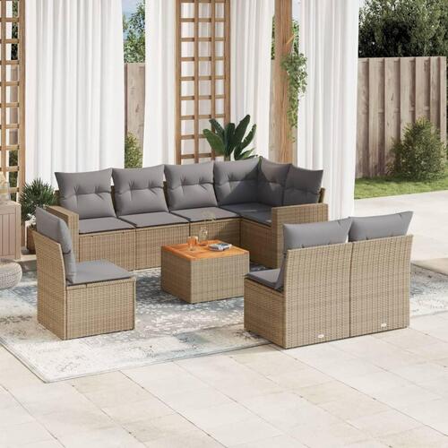 Spisebordssæt til haven 9 dele med hynder polyrattan beige