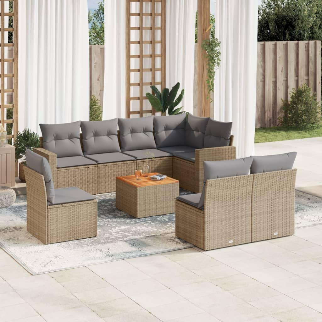 Spisebordssæt til haven 9 dele med hynder polyrattan beige