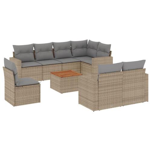 Spisebordssæt til haven 9 dele med hynder polyrattan beige
