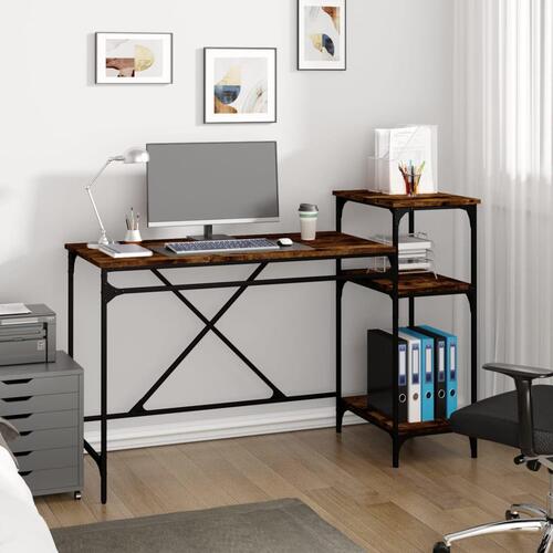 Skrivebord m. hylder 135x50x90 cm konstrueret træ jern røget eg