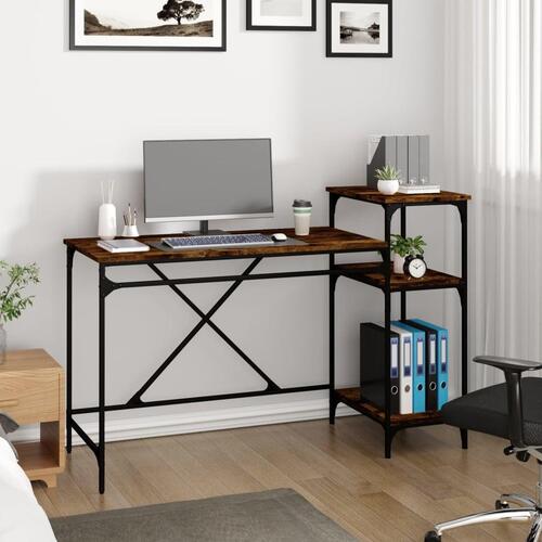 Skrivebord m. hylder 135x50x90 cm konstrueret træ jern røget eg