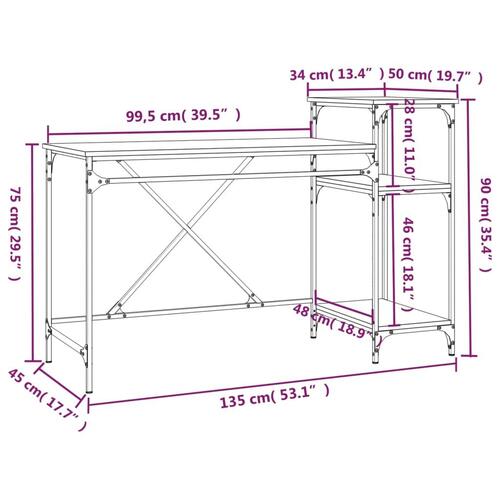 Skrivebord m. hylder 135x50x90 cm konstrueret træ jern røget eg