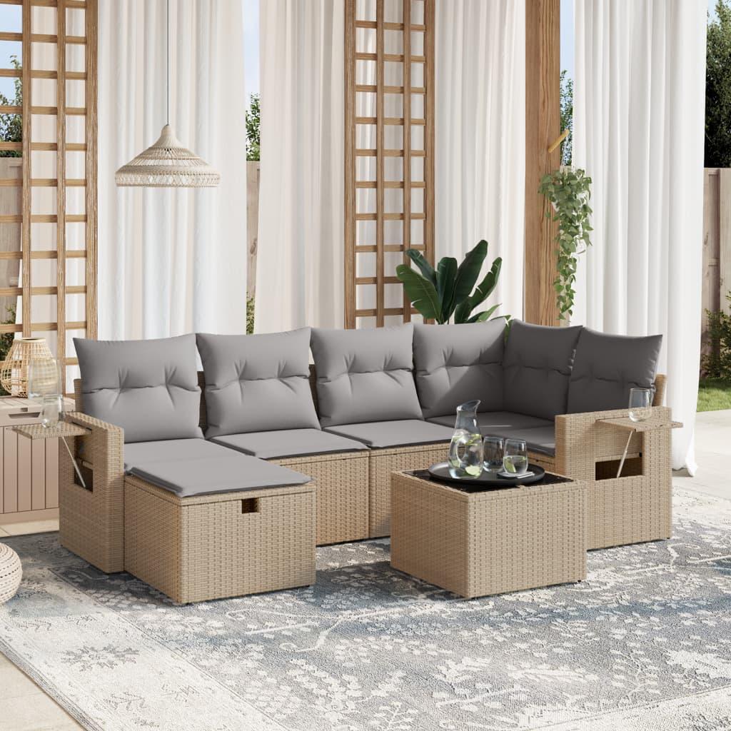 Havesofasæt 7 dele med hynder polyrattan beige