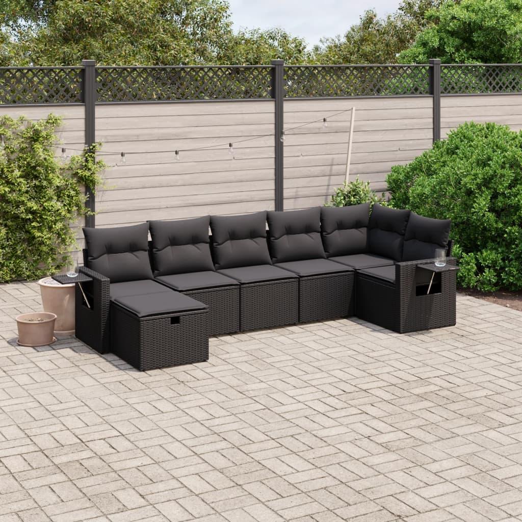 Sofasæt til haven i polyrattan - 7 dele med hynder, sort