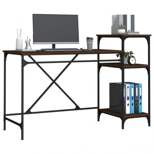 Skrivebord m. hylder 135x50x90 cm konstrueret træ jern brunt eg