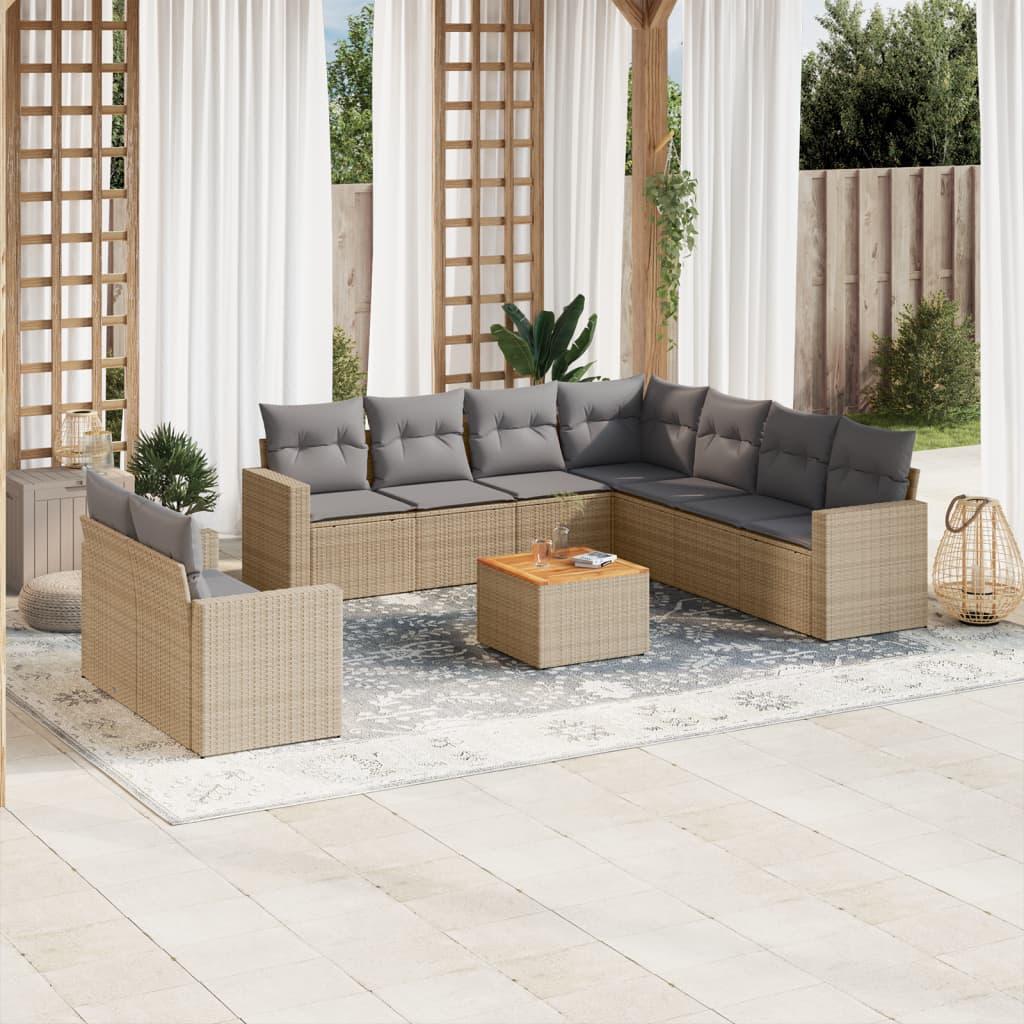 Havesofasæt 10 dele med hynder polyrattan beige