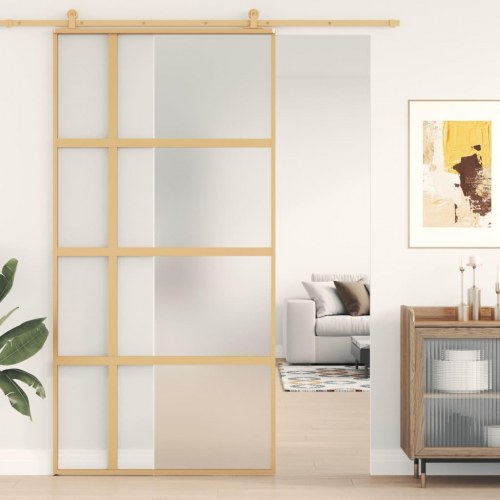 Skydedør 102,5 x 205 cm i matteret hærdet glas og aluminium - guldfarvet