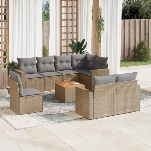 Spisebordssæt til haven 9 dele med hynder polyrattan beige