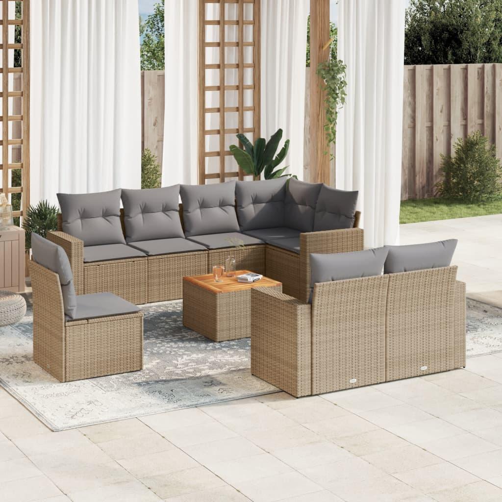 Spisebordssæt til haven 9 dele med hynder polyrattan beige