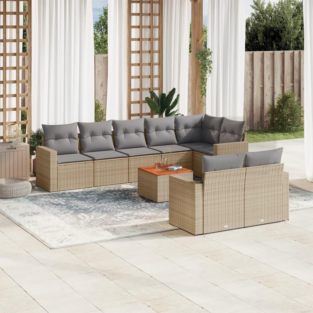Spisebordssæt til haven 9 dele med hynder polyrattan beige