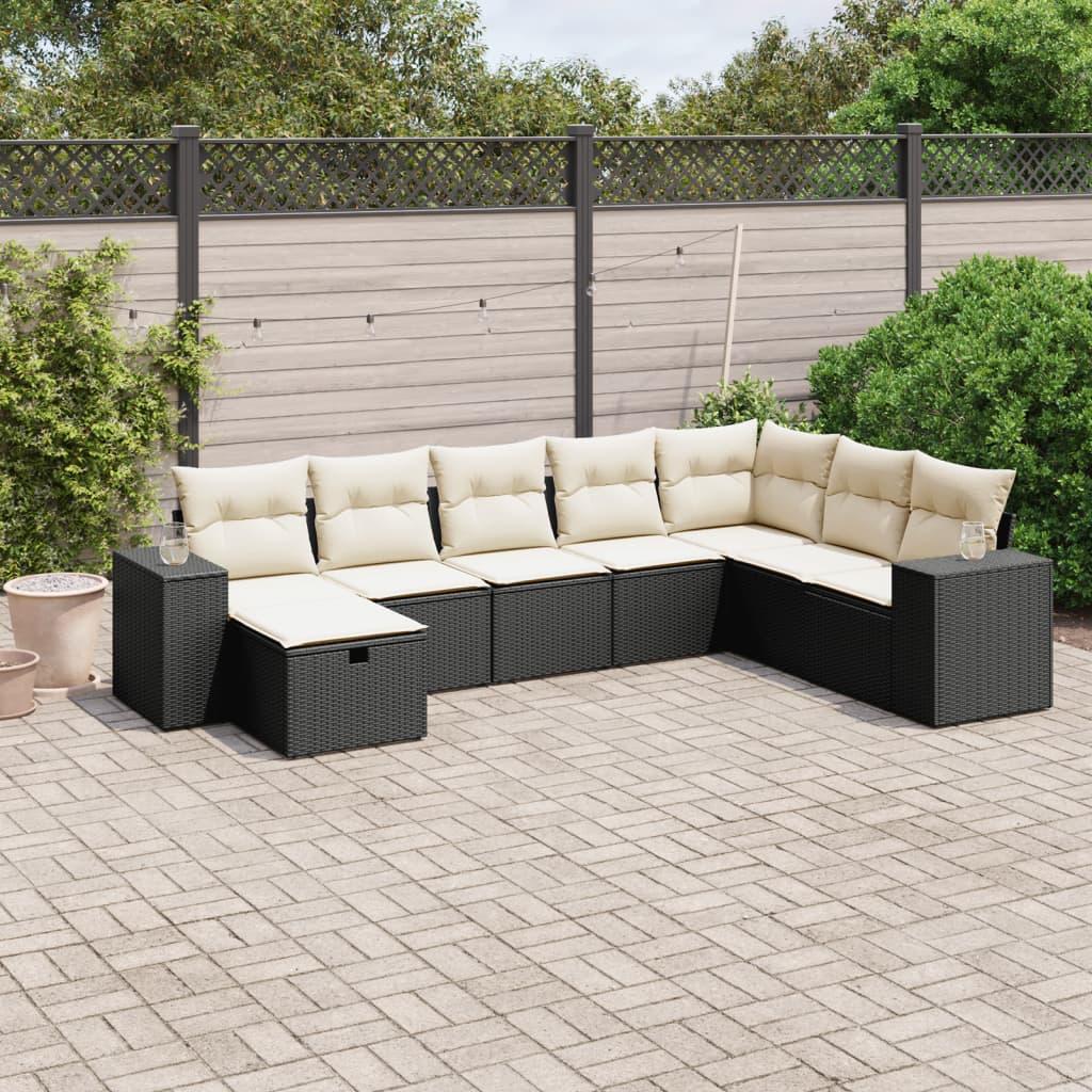 Sofasæt til haven 8 dele med hynder i polyrattan - sort/creme