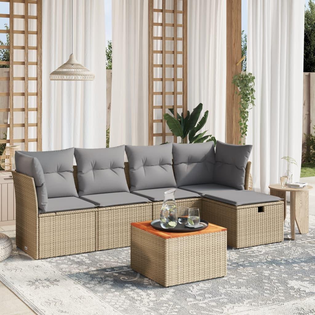 Havesofasæt 6 dele med hynder polyrattan beige